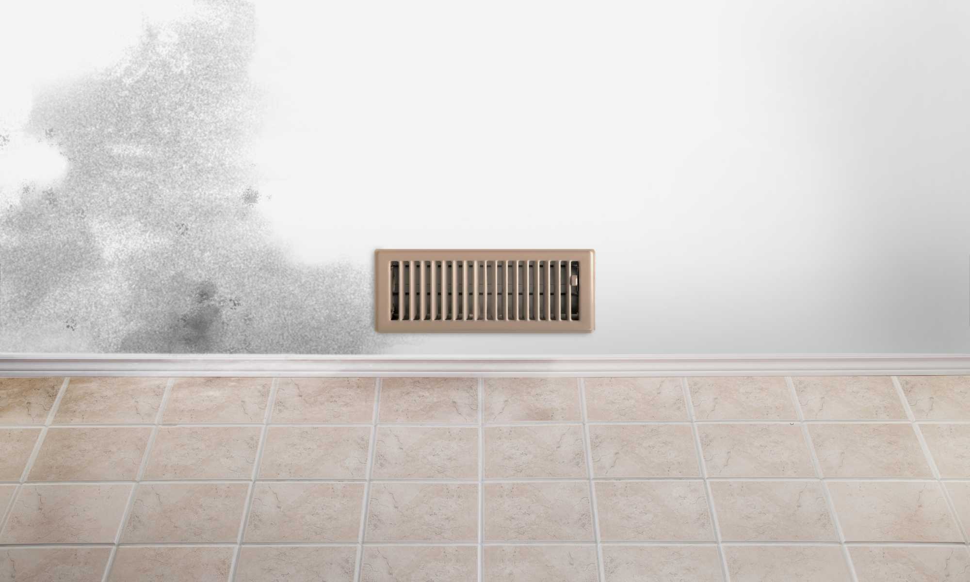Signs of basement humidity with mold on wall in Gaithersburg, MD near floor vent in